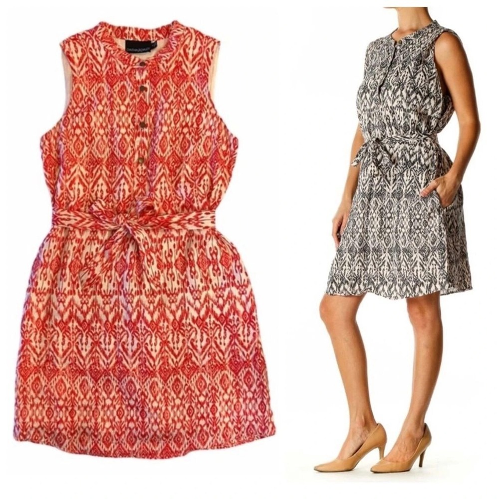 Cynthia Rowley Size 10 Red 100% Linen Ikat Comfortable Tie Waist Dress